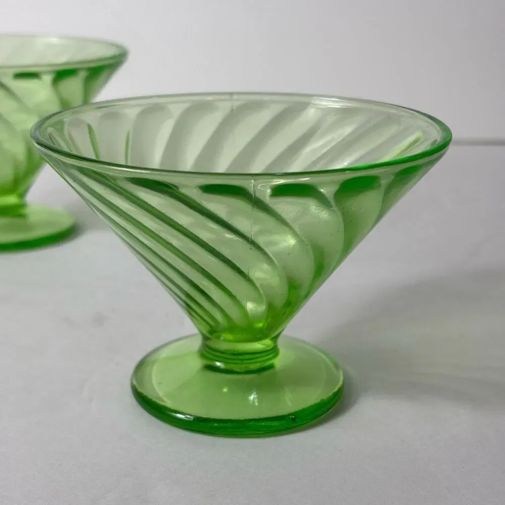 Vintage FEDERAL Swirled Green Depression Glass Sherbert Dish Set of Two